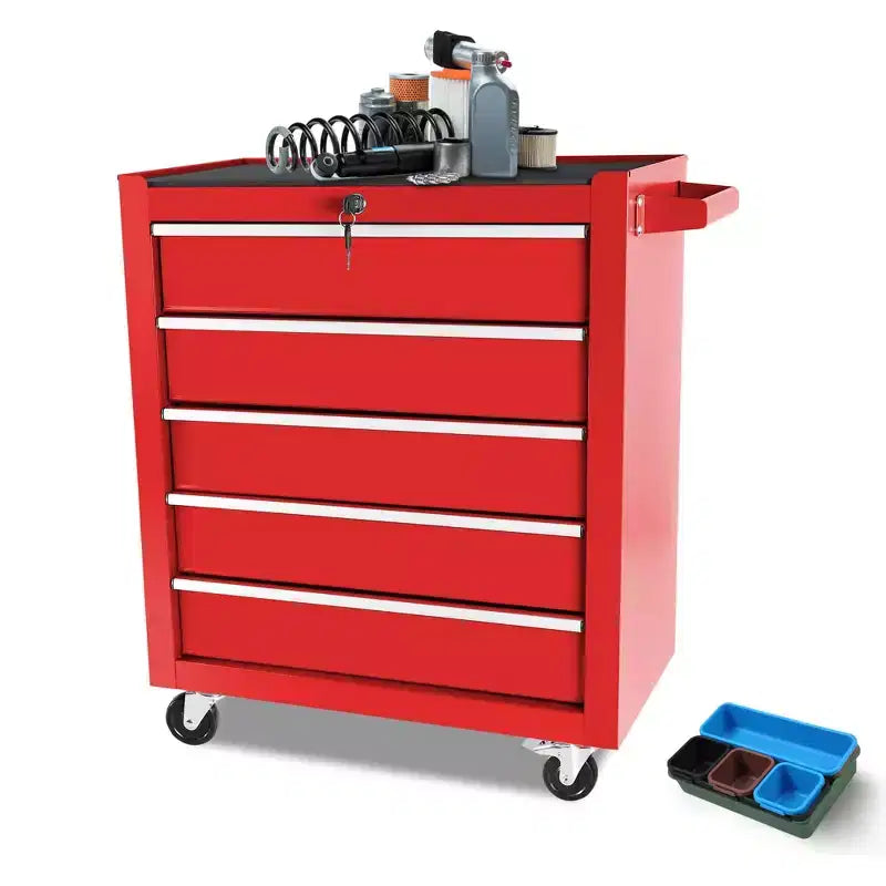 Servante d'atelier à 5 tiroirs avec roues, armoire de rangement à outils robuste et verrouillable pour garage, atelier et entrepôt