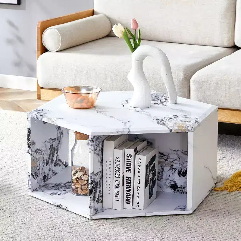 Okak Modern Hexagon MDF Coffee Table, Stand-Up Multi-hole Design with Geometric Cubby Storage, End Side Tables for Living Room Office