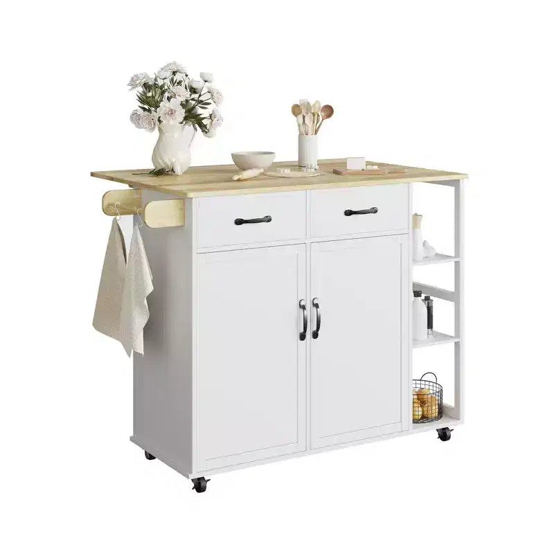 43.12 Inch Kitchen Islands & Carts, Wood Top Rolling Kitchen Cart with Storage Drawer, Mobile Workstation, Wine Storage, Spice & Towel Organization