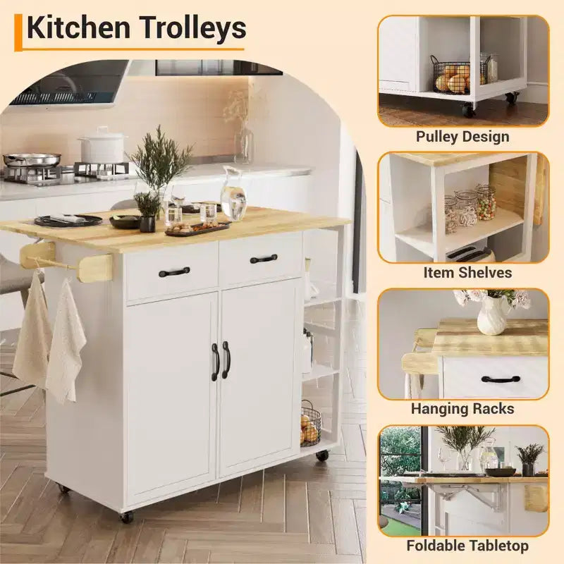 43.12 Inch Kitchen Islands & Carts, Wood Top Rolling Kitchen Cart with Storage Drawer, Mobile Workstation, Wine Storage, Spice & Towel Organization