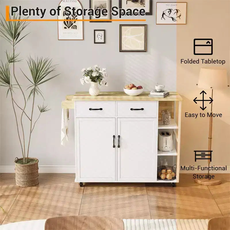 43.12 Inch Kitchen Islands & Carts, Wood Top Rolling Kitchen Cart with Storage Drawer, Mobile Workstation, Wine Storage, Spice & Towel Organization