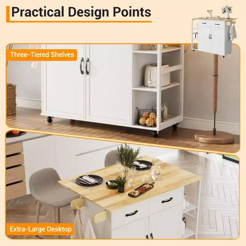 43.12 Inch Kitchen Islands & Carts, Wood Top Rolling Kitchen Cart with Storage Drawer, Mobile Workstation, Wine Storage, Spice & Towel Organization