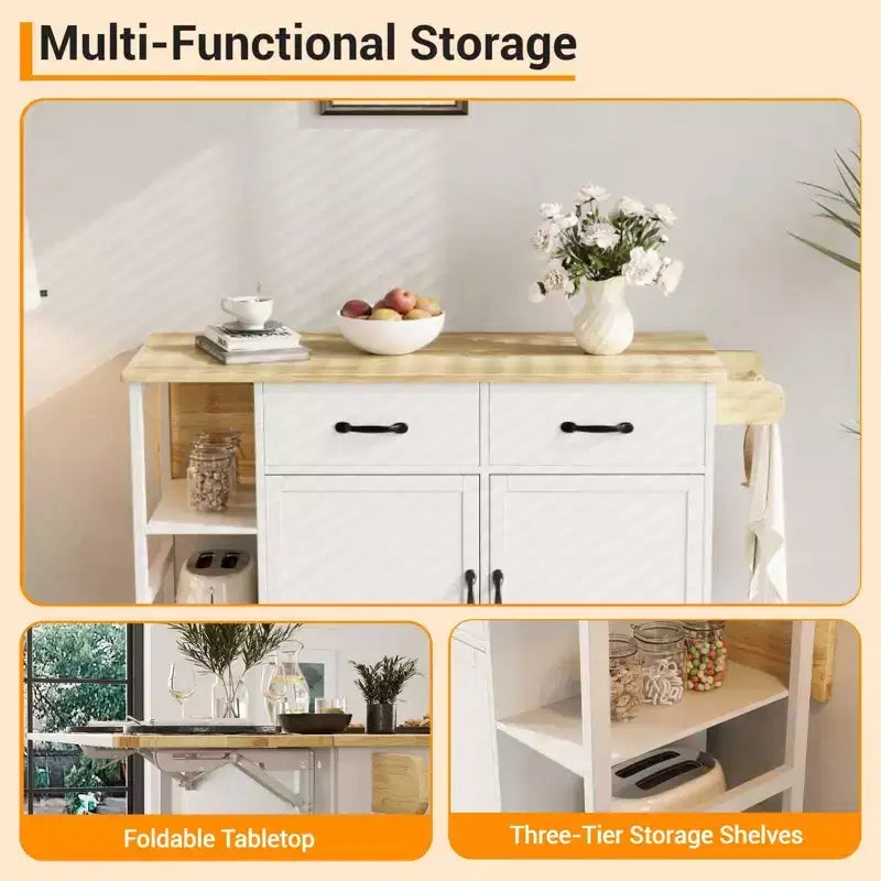 43.12 Inch Kitchen Islands & Carts, Wood Top Rolling Kitchen Cart with Storage Drawer, Mobile Workstation, Wine Storage, Spice & Towel Organization