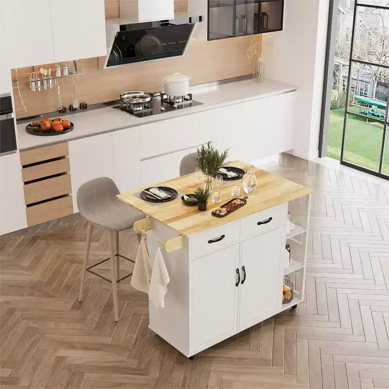 43.12 Inch Kitchen Islands & Carts, Wood Top Rolling Kitchen Cart with Storage Drawer, Mobile Workstation, Wine Storage, Spice & Towel Organization
