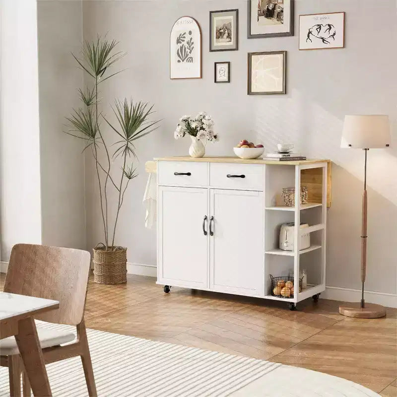 43.12 Inch Kitchen Islands & Carts, Wood Top Rolling Kitchen Cart with Storage Drawer, Mobile Workstation, Wine Storage, Spice & Towel Organization