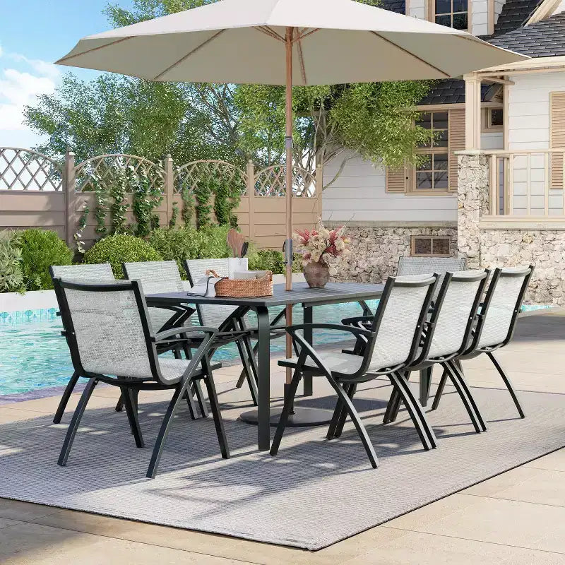 Table de salle à manger de patio en aluminium de 71", table de patio extérieure en aluminium, plateau à lattes et trou pour parasol, noir résistant aux intempéries pour jardin, cour, pelouse