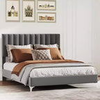 Full Size Bed Frame, with Velvet Headboard, Strong Wooden Slat Support, Noise Free Sleep,Easy Assembly, No Box Spring Needed