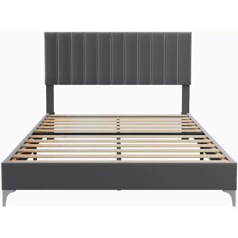 Cadre de lit double, avec tête de lit en velours, support solide à lattes en bois, sommeil silencieux, assemblage facile, aucun sommier tapissier requis