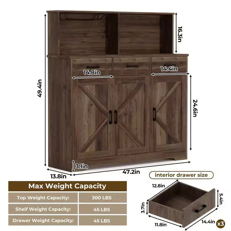 Buffet de ferme avec support à micro-ondes, buffet de rangement avec portes coulissantes, tiroirs et étagères, meuble bar à café en bois