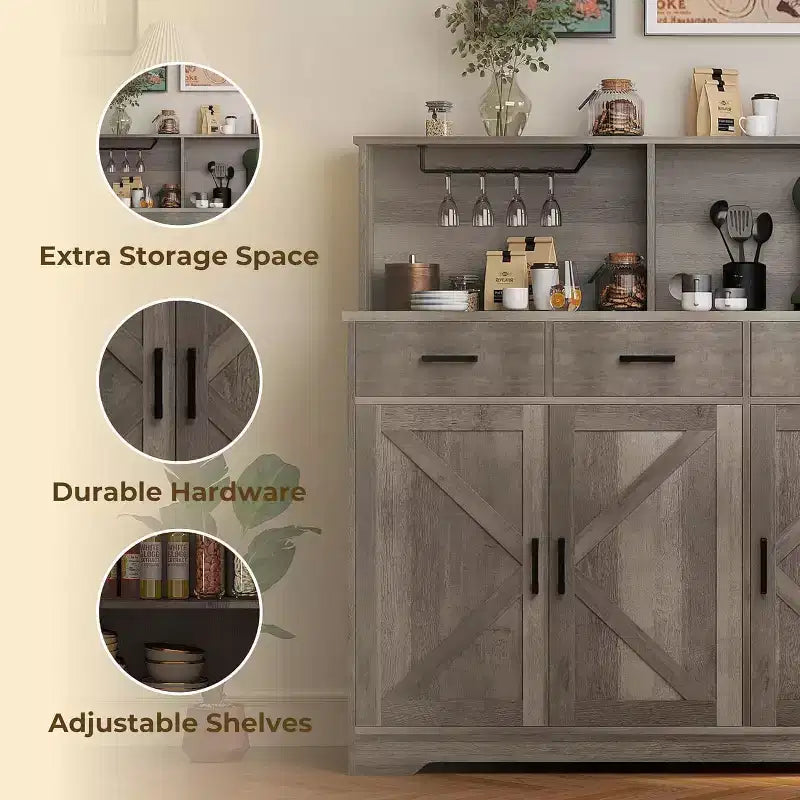 Buffet de ferme avec support à micro-ondes, buffet de rangement avec portes coulissantes, tiroirs et étagères, meuble bar à café en bois
