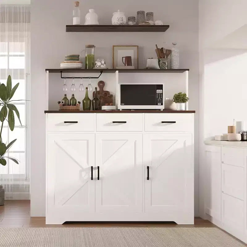 Buffet de ferme avec support à micro-ondes, buffet de rangement avec portes coulissantes, tiroirs et étagères, meuble bar à café en bois