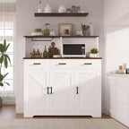 Buffet de ferme avec support à micro-ondes, buffet de rangement avec portes coulissantes, tiroirs et étagères, meuble bar à café en bois
