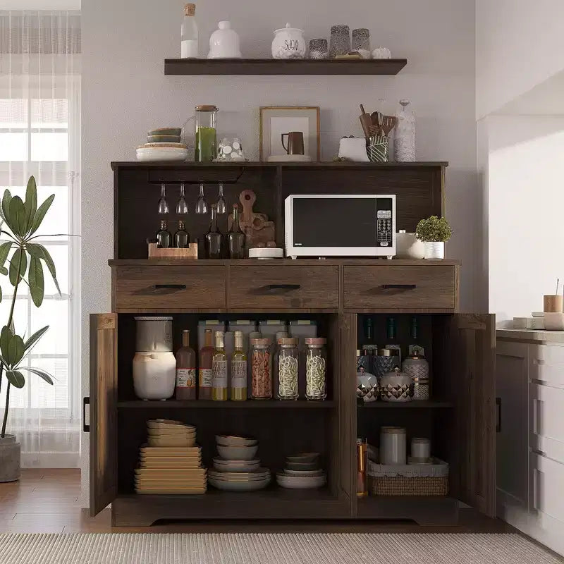 Buffet de ferme avec support à micro-ondes, buffet de rangement avec portes coulissantes, tiroirs et étagères, meuble bar à café en bois
