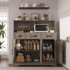 Buffet de ferme avec support à micro-ondes, buffet de rangement avec portes coulissantes, tiroirs et étagères, meuble bar à café en bois