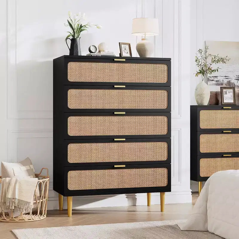 Commode 5 Tiroirs en Rotin pour Chambre à Coucher, Grande Commode Double, Commode en Bois pour Placard avec Grand Plateau, pour Salon, Couloir