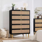 Commode 5 Tiroirs en Rotin pour Chambre à Coucher, Grande Commode Double, Commode en Bois pour Placard avec Grand Plateau, pour Salon, Couloir