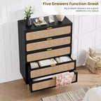 Commode 5 Tiroirs en Rotin pour Chambre à Coucher, Grande Commode Double, Commode en Bois pour Placard avec Grand Plateau, pour Salon, Couloir