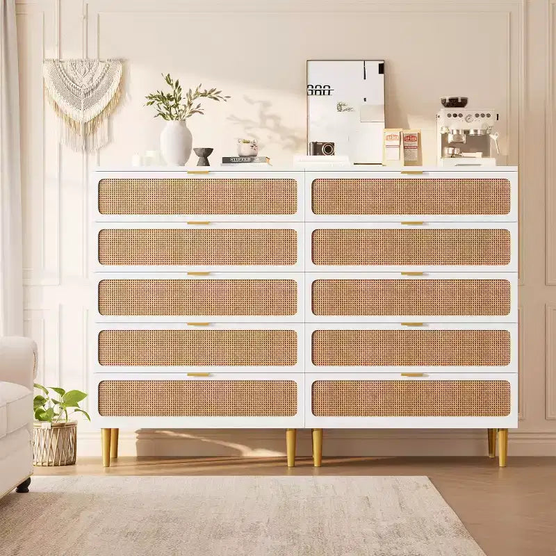 Commode 5 Tiroirs en Rotin pour Chambre à Coucher, Grande Commode Double, Commode en Bois pour Placard avec Grand Plateau, pour Salon, Couloir