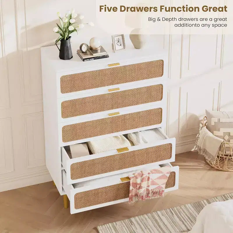 Commode 5 Tiroirs en Rotin pour Chambre à Coucher, Grande Commode Double, Commode en Bois pour Placard avec Grand Plateau, pour Salon, Couloir