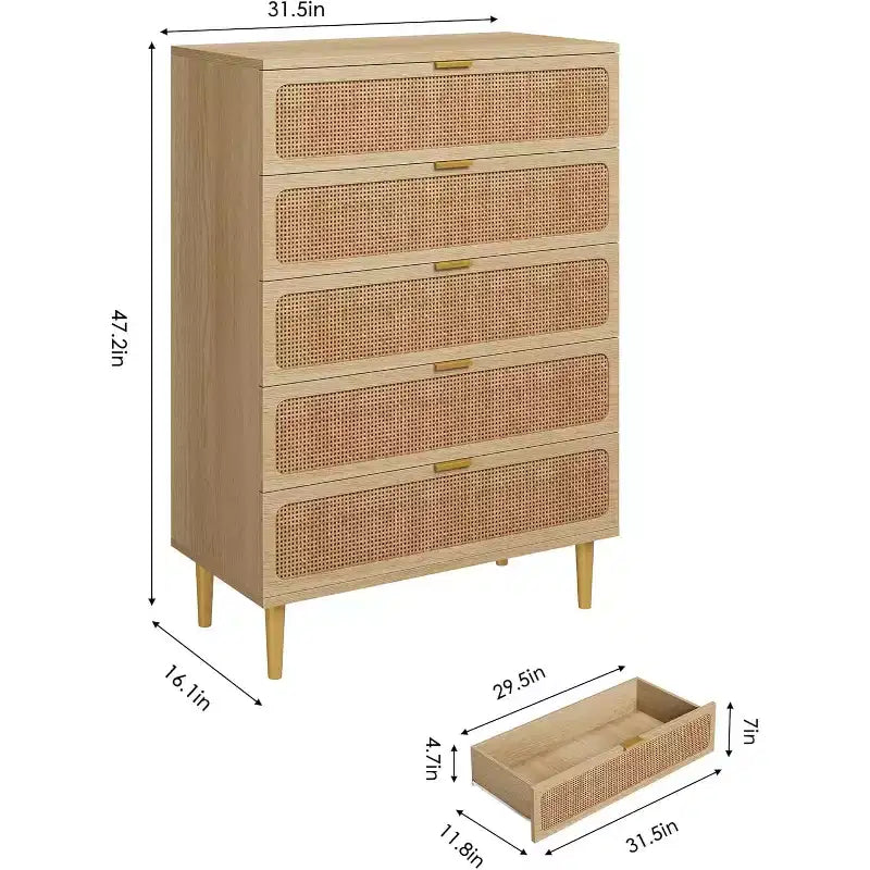 Commode 5 Tiroirs en Rotin pour Chambre à Coucher, Grande Commode Double, Commode en Bois pour Placard avec Grand Plateau, pour Salon, Couloir