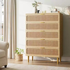 Commode 5 Tiroirs en Rotin pour Chambre à Coucher, Grande Commode Double, Commode en Bois pour Placard avec Grand Plateau, pour Salon, Couloir