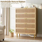 Commode 5 Tiroirs en Rotin pour Chambre à Coucher, Grande Commode Double, Commode en Bois pour Placard avec Grand Plateau, pour Salon, Couloir