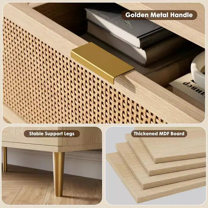 Commode 5 Tiroirs en Rotin pour Chambre à Coucher, Grande Commode Double, Commode en Bois pour Placard avec Grand Plateau, pour Salon, Couloir