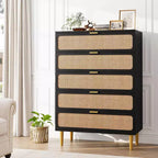 Commode 5 Tiroirs en Rotin pour Chambre à Coucher, Grande Commode Double, Commode en Bois pour Placard avec Grand Plateau, pour Salon, Couloir