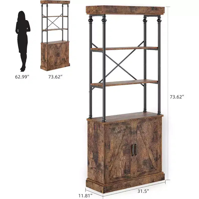 Acekool Tall Bookcase with Doors, 4-Tier Industrial Bookshelf, Farmhouse Storage Shelf with Cabinet, Wood & Metal, Vintage Style