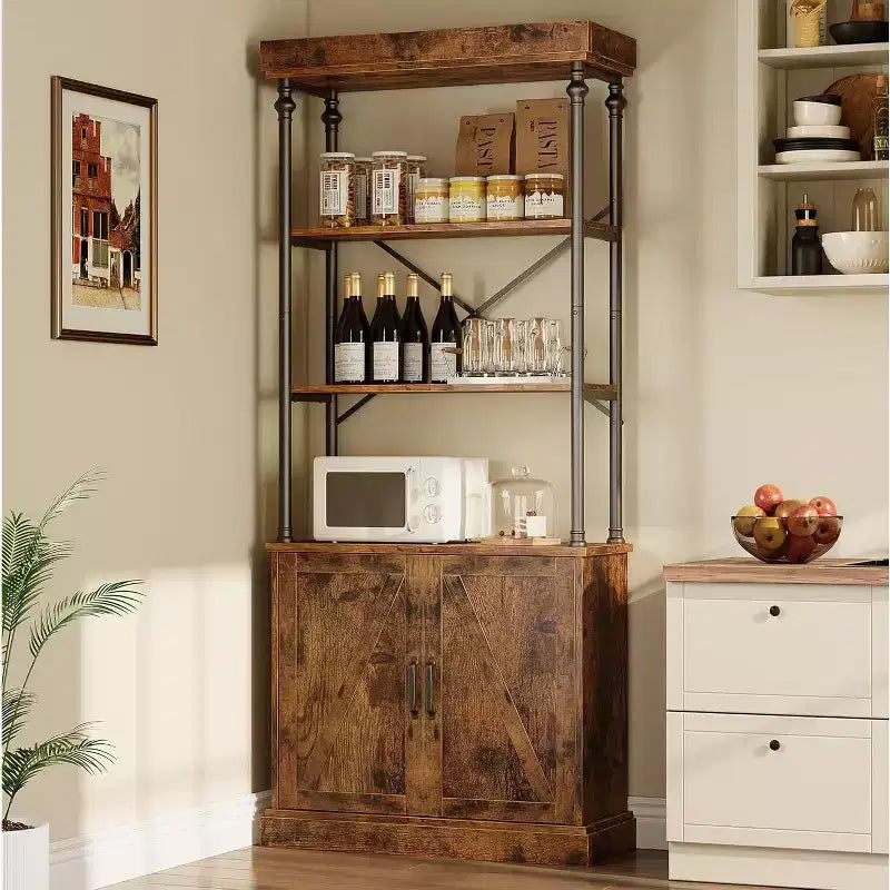 Acekool Tall Bookcase with Doors, 4-Tier Industrial Bookshelf, Farmhouse Storage Shelf with Cabinet, Wood & Metal, Vintage Style