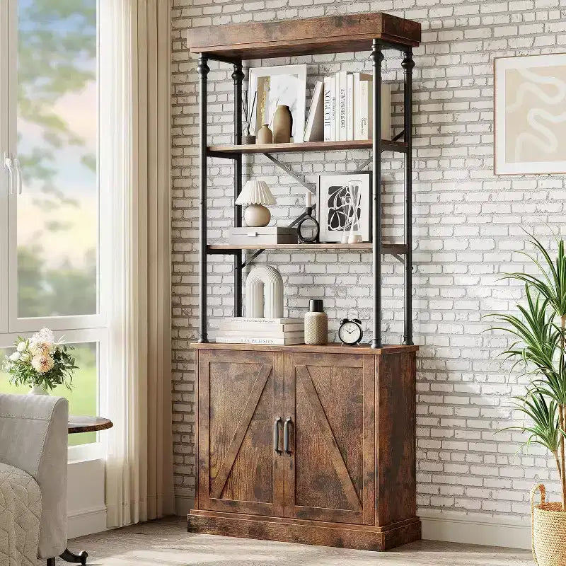 Acekool Tall Bookcase with Doors, 4-Tier Industrial Bookshelf, Farmhouse Storage Shelf with Cabinet, Wood & Metal, Vintage Style