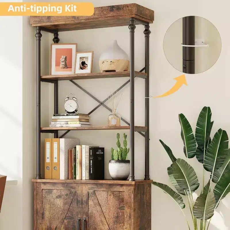 Acekool Tall Bookcase with Doors, 4-Tier Industrial Bookshelf, Farmhouse Storage Shelf with Cabinet, Wood & Metal, Vintage Style