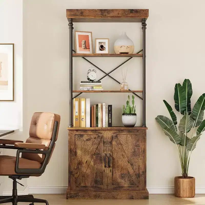 Acekool Tall Bookcase with Doors, 4-Tier Industrial Bookshelf, Farmhouse Storage Shelf with Cabinet, Wood & Metal, Vintage Style