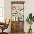 Acekool Tall Bookcase with Doors, 4-Tier Industrial Bookshelf, Farmhouse Storage Shelf with Cabinet, Wood & Metal, Vintage Style