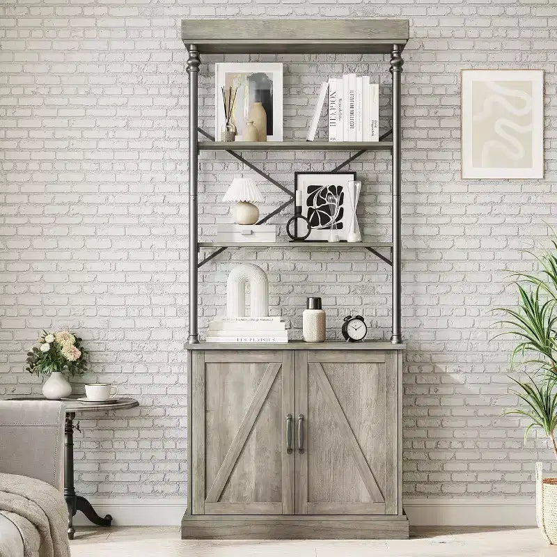 Acekool Tall Bookcase with Doors, 4-Tier Industrial Bookshelf, Farmhouse Storage Shelf with Cabinet, Wood & Metal, Vintage Style