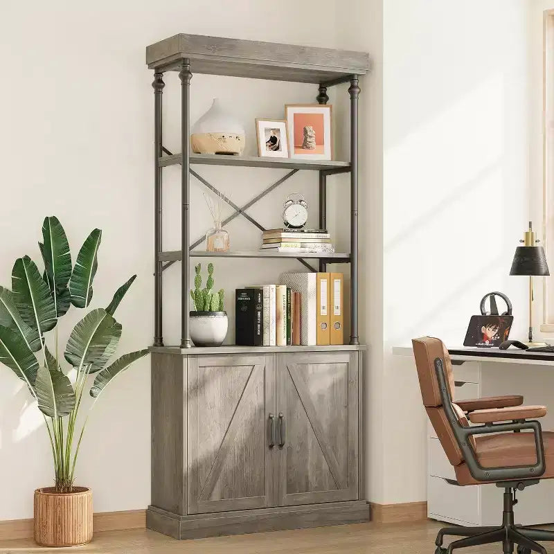 Acekool Tall Bookcase with Doors, 4-Tier Industrial Bookshelf, Farmhouse Storage Shelf with Cabinet, Wood & Metal, Vintage Style