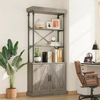 Acekool Tall Bookcase with Doors, 4-Tier Industrial Bookshelf, Farmhouse Storage Shelf with Cabinet, Wood & Metal, Vintage Style