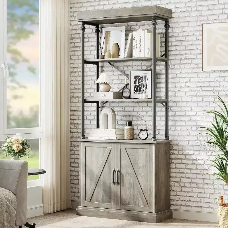 Acekool Tall Bookcase with Doors, 4-Tier Industrial Bookshelf, Farmhouse Storage Shelf with Cabinet, Wood & Metal, Vintage Style