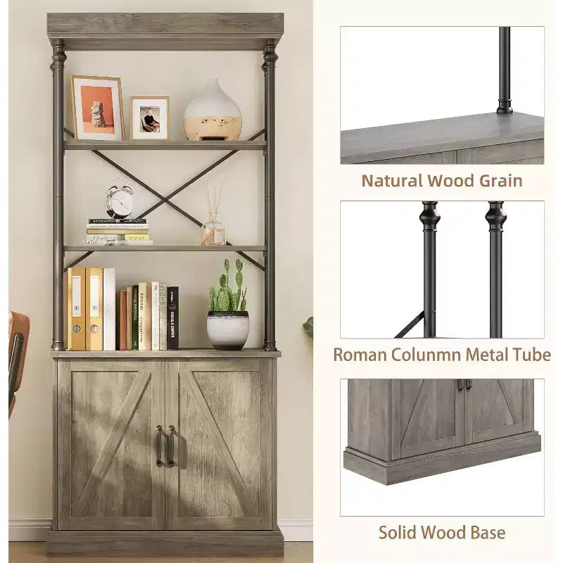Acekool Tall Bookcase with Doors, 4-Tier Industrial Bookshelf, Farmhouse Storage Shelf with Cabinet, Wood & Metal, Vintage Style