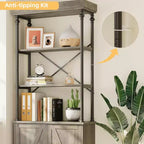 Acekool Tall Bookcase with Doors, 4-Tier Industrial Bookshelf, Farmhouse Storage Shelf with Cabinet, Wood & Metal, Vintage Style