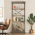 Acekool Tall Bookcase with Doors, 4-Tier Industrial Bookshelf, Farmhouse Storage Shelf with Cabinet, Wood & Metal, Vintage Style