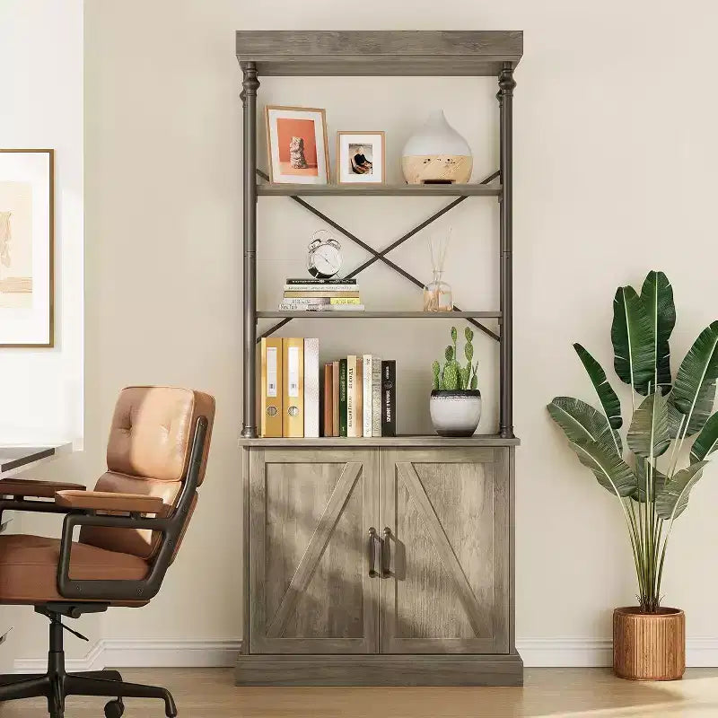 Acekool Tall Bookcase with Doors, 4-Tier Industrial Bookshelf, Farmhouse Storage Shelf with Cabinet, Wood & Metal, Vintage Style