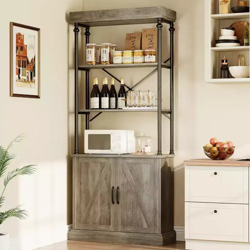 Acekool Tall Bookcase with Doors, 4-Tier Industrial Bookshelf, Farmhouse Storage Shelf with Cabinet, Wood & Metal, Vintage Style