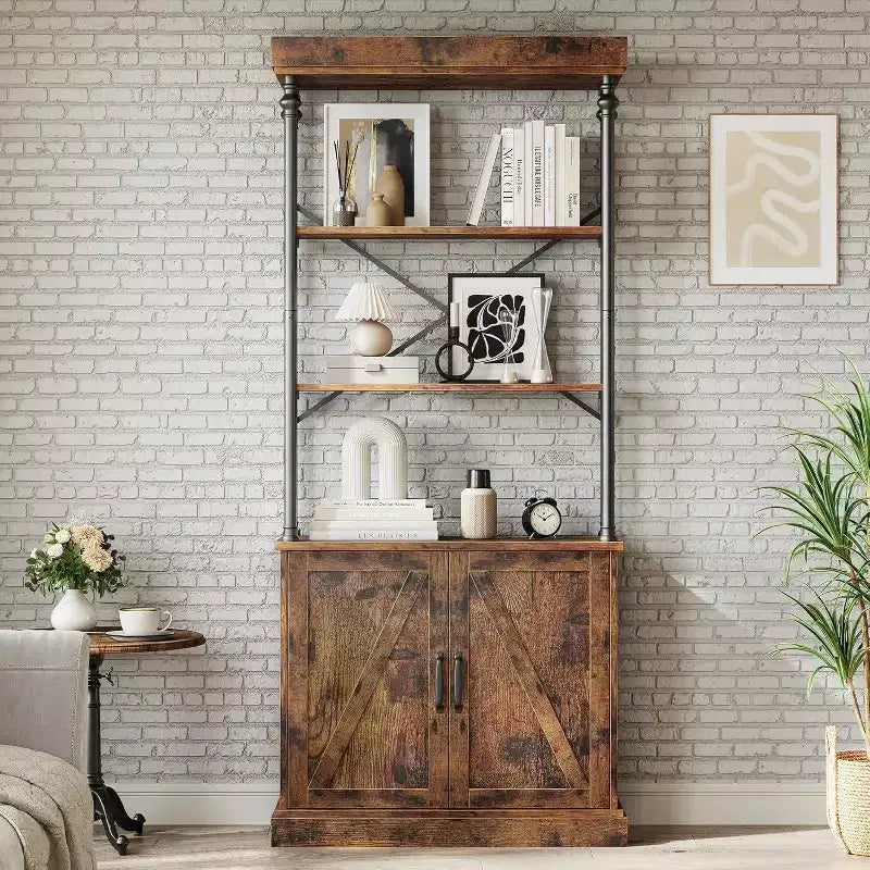Acekool Tall Bookcase with Doors, 4-Tier Industrial Bookshelf, Farmhouse Storage Shelf with Cabinet, Wood & Metal, Vintage Style