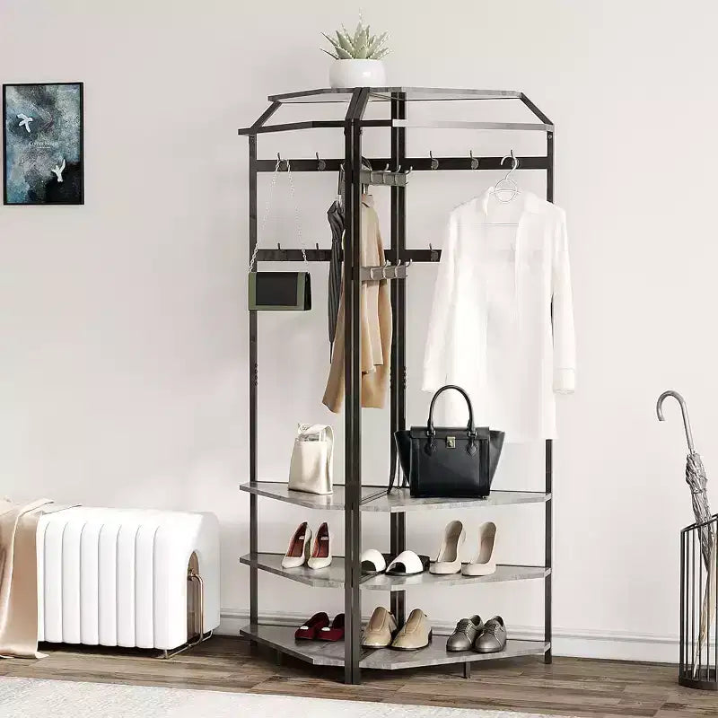 Porte-manteau d'angle à plusieurs niveaux, Arbre d'entrée avec rangement à chaussures et 12 crochets, Étagères à 3 niveaux pour les espaces compacts dans la chambre/le salon