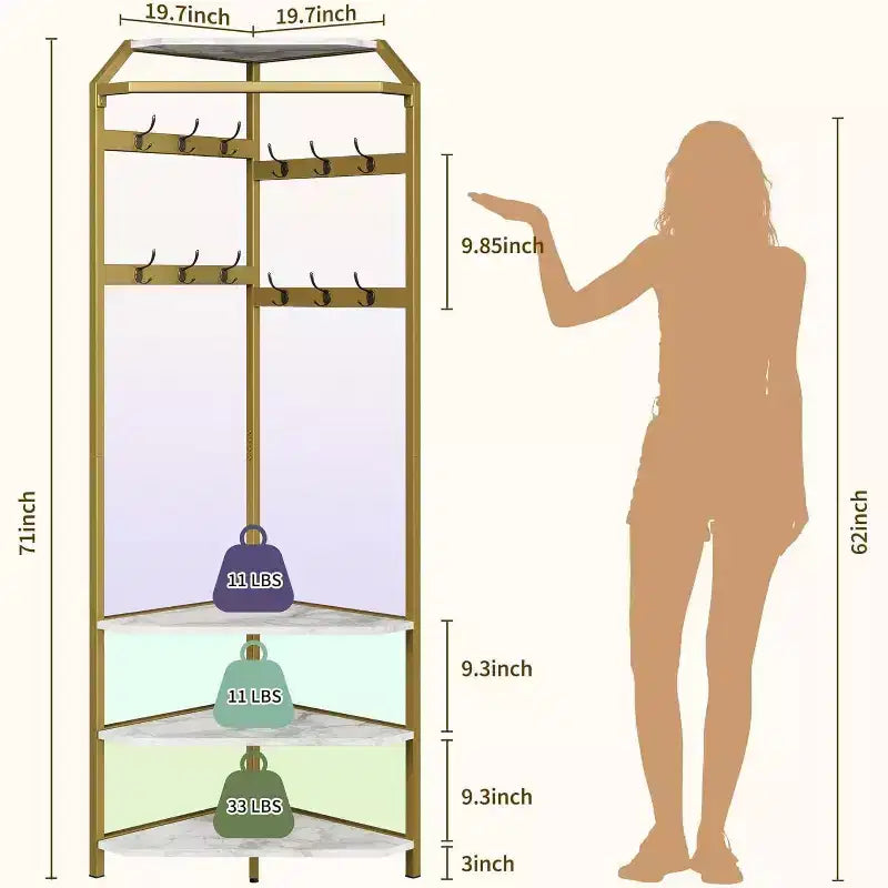 Porte-manteau d'angle à plusieurs niveaux, Arbre d'entrée avec rangement à chaussures et 12 crochets, Étagères à 3 niveaux pour les espaces compacts dans la chambre/le salon