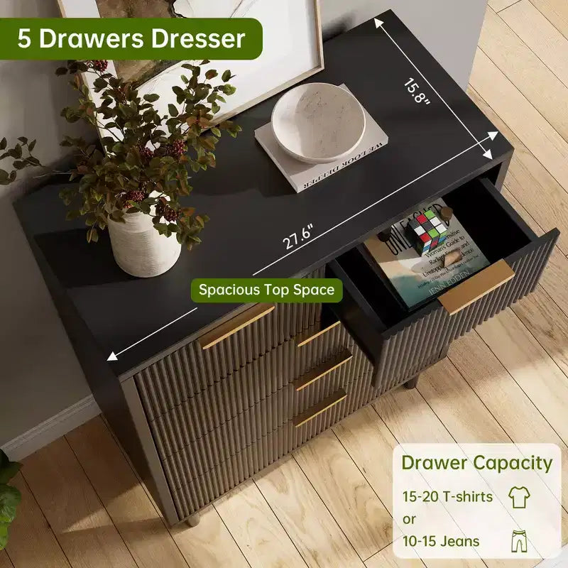 Commode à 5 tiroirs cannelés ondulés pour chambre à coucher, commode moderne en bois avec tiroirs larges, organisateur de commode de placard