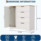 Acekool Armoire penderie en bois, armoire de chambre de 110 cm de haut avec 4 tiroirs, porte, tringle à vêtements, organisateur de rangement