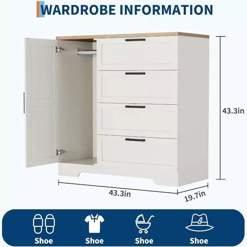 Acekool Armoire penderie en bois, armoire de chambre de 110 cm de haut avec 4 tiroirs, porte, tringle à vêtements, organisateur de rangement
