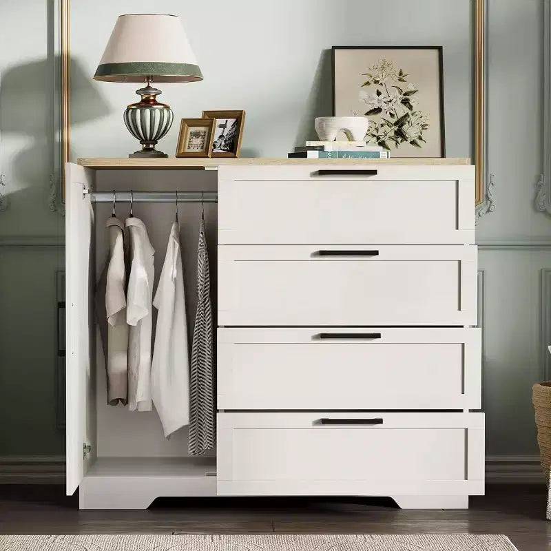 Acekool Armoire penderie en bois, armoire de chambre de 110 cm de haut avec 4 tiroirs, porte, tringle à vêtements, organisateur de rangement